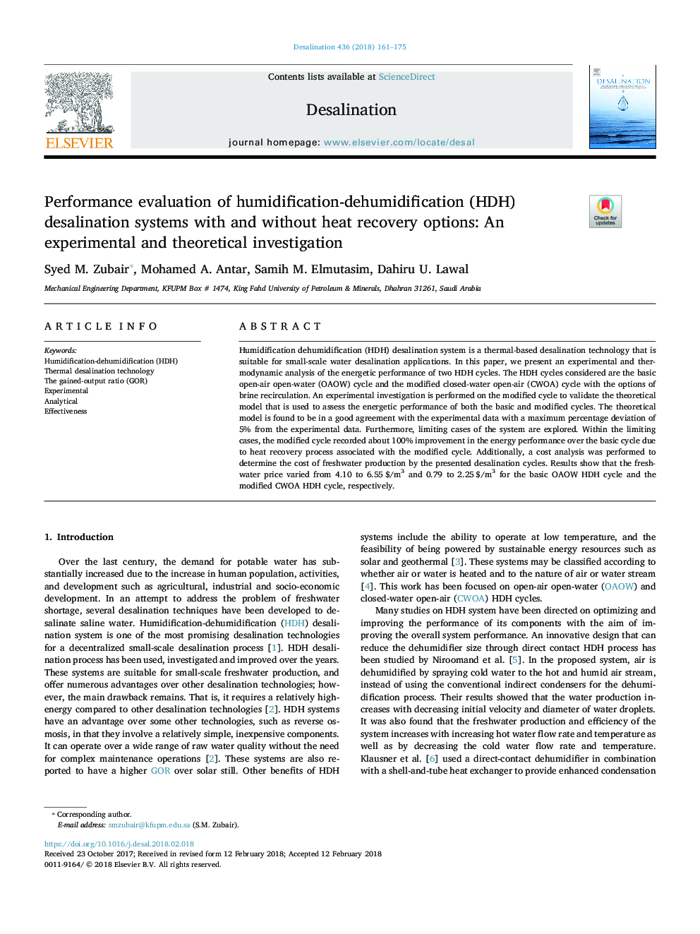 Performance evaluation of humidification-dehumidification (HDH) desalination systems with and without heat recovery options: An experimental and theoretical investigation