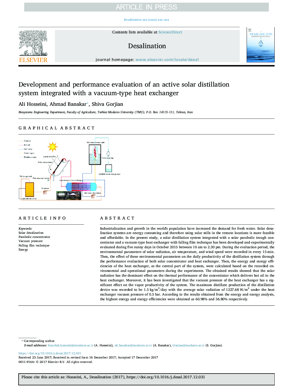 ارزیابی توسعه و عملکرد یک سیستم تقطیر فعال خورشیدی یکپارچه با مبدل حرارتی خلاء 