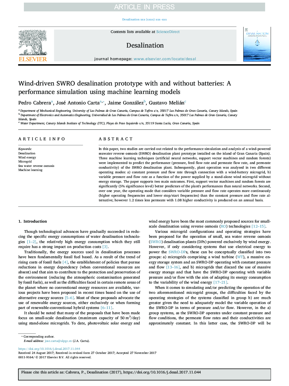 Wind-driven SWRO desalination prototype with and without batteries: A performance simulation using machine learning models