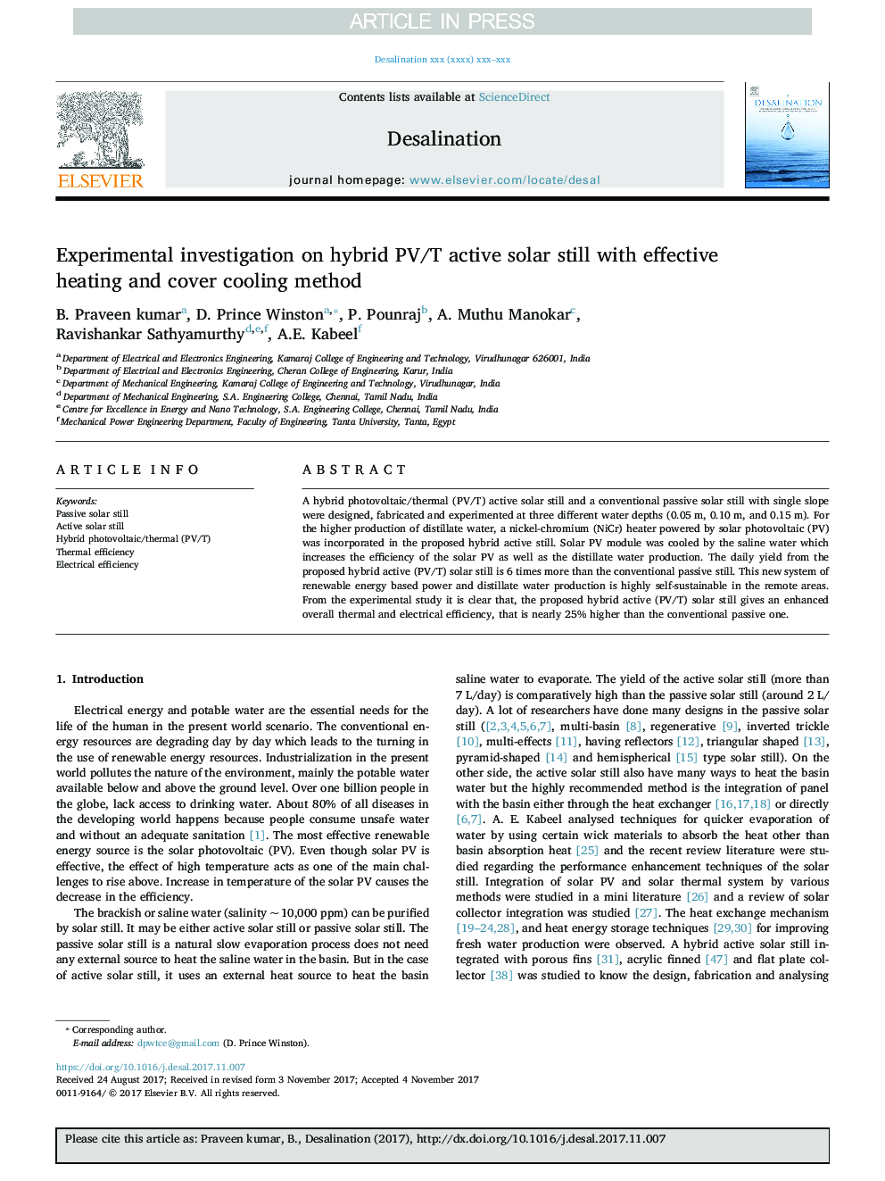 Experimental investigation on hybrid PV/T active solar still with effective heating and cover cooling method