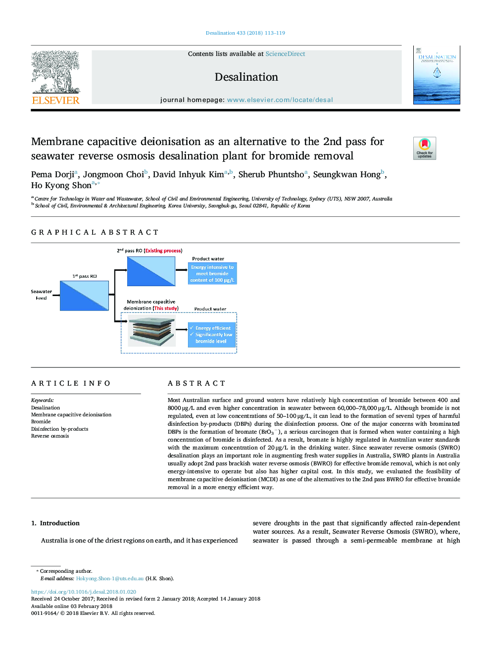 Membrane capacitive deionisation as an alternative to the 2nd pass for seawater reverse osmosis desalination plant for bromide removal