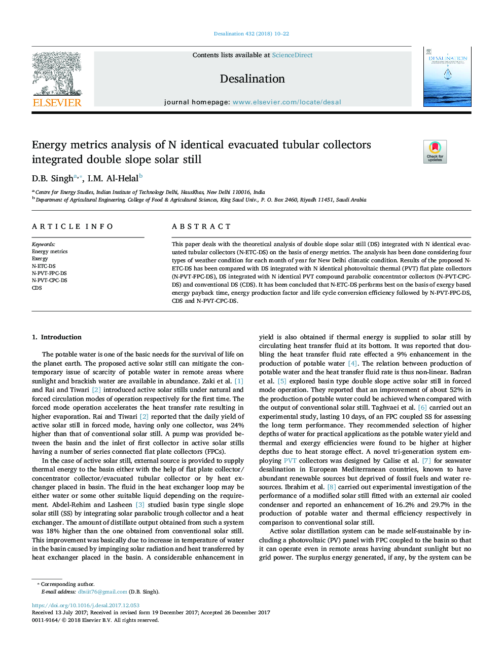 Energy metrics analysis of N identical evacuated tubular collectors integrated double slope solar still