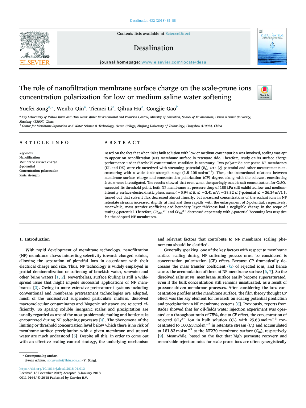 The role of nanofiltration membrane surface charge on the scale-prone ions concentration polarization for low or medium saline water softening