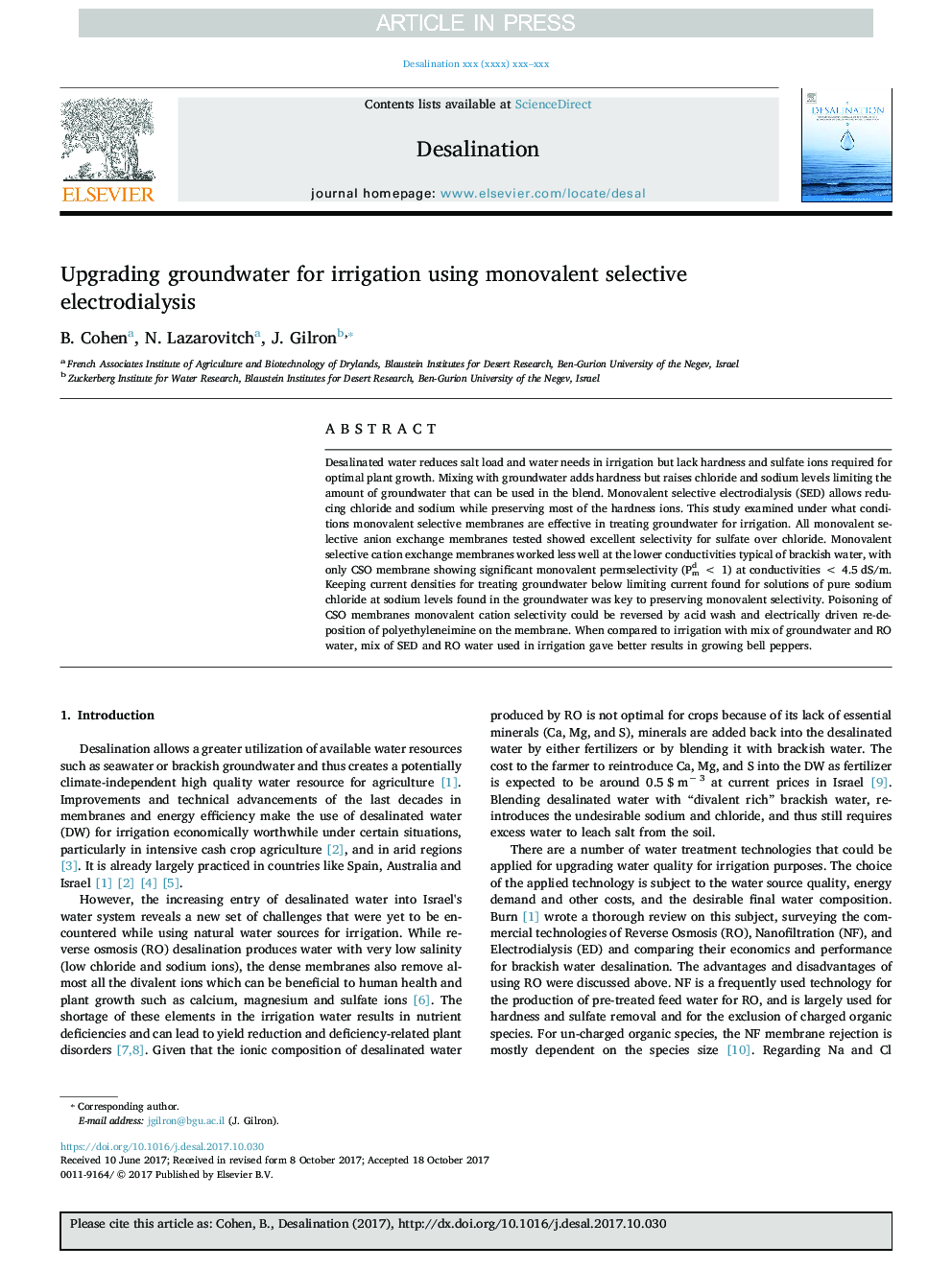 عکس صفحه اول مقاله: Upgrading groundwater for irrigation using monovalent selective electrodialysis Upgrading groundwater for irrigation using monovalent selective electrodialysis