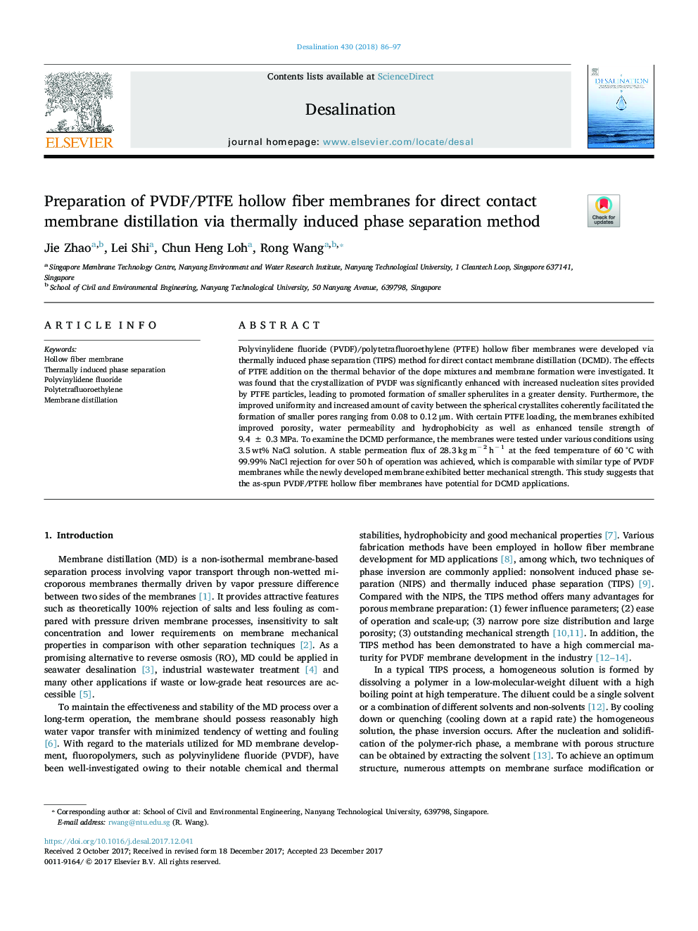 Preparation of PVDF/PTFE hollow fiber membranes for direct contact membrane distillation via thermally induced phase separation method