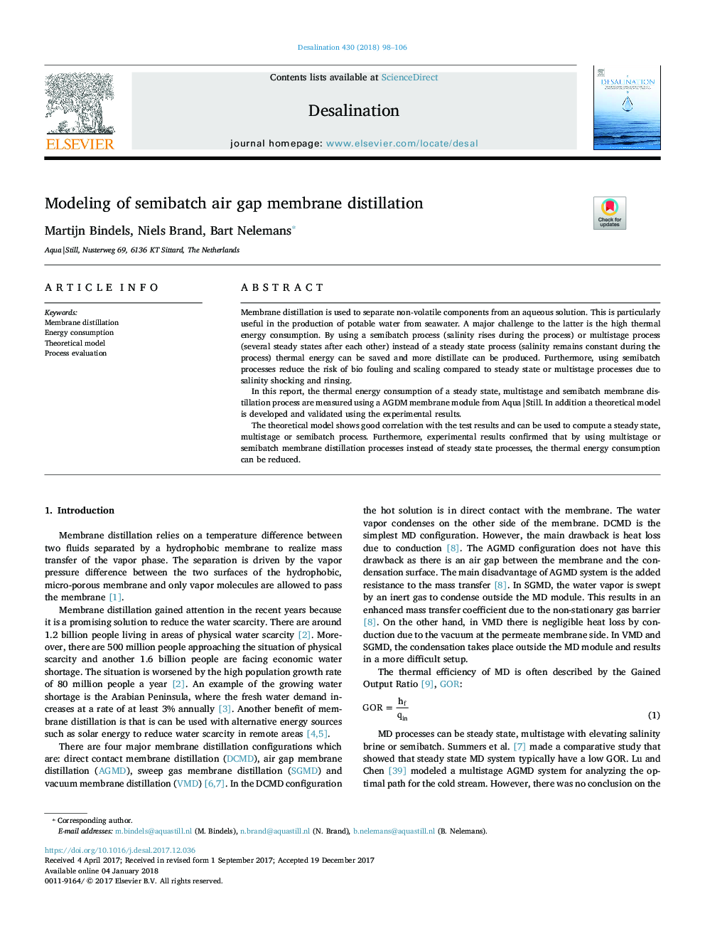 Modeling of semibatch air gap membrane distillation
