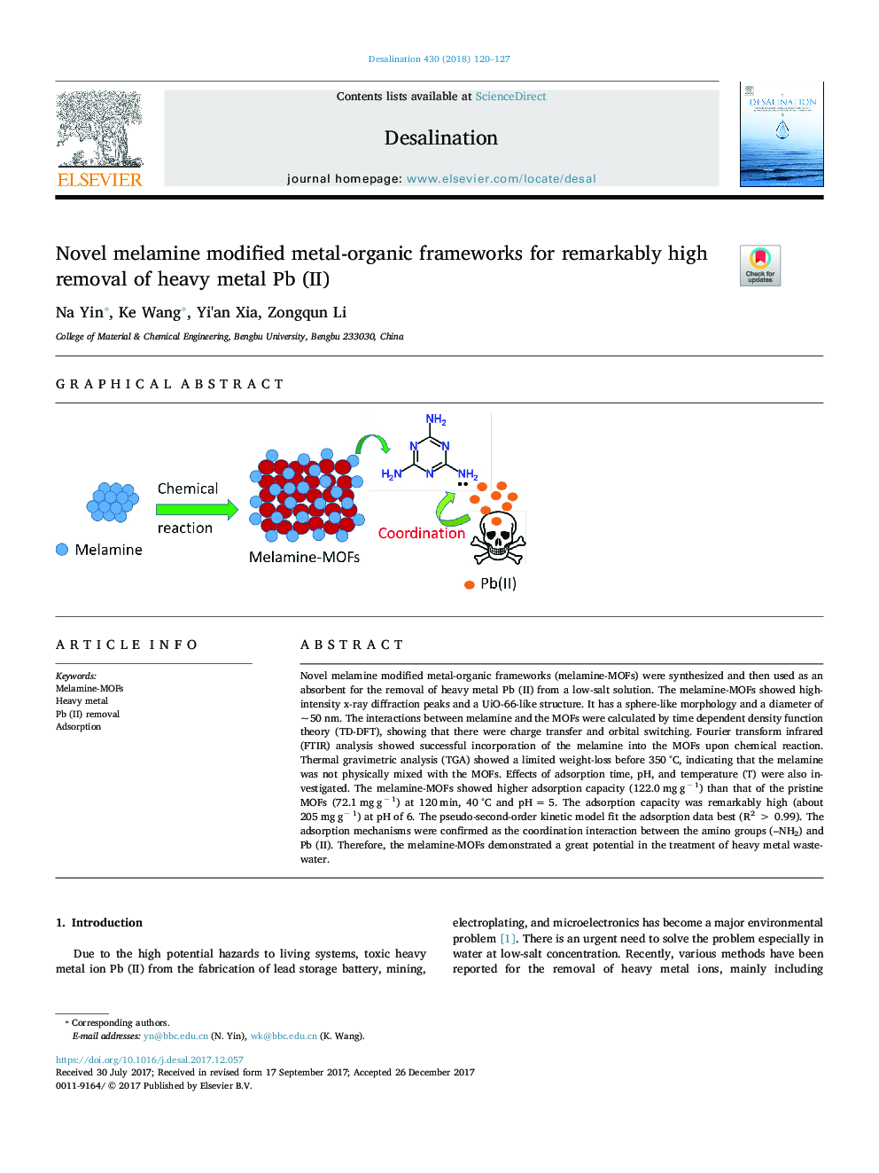 Novel melamine modified metal-organic frameworks for remarkably high removal of heavy metal Pb (II)