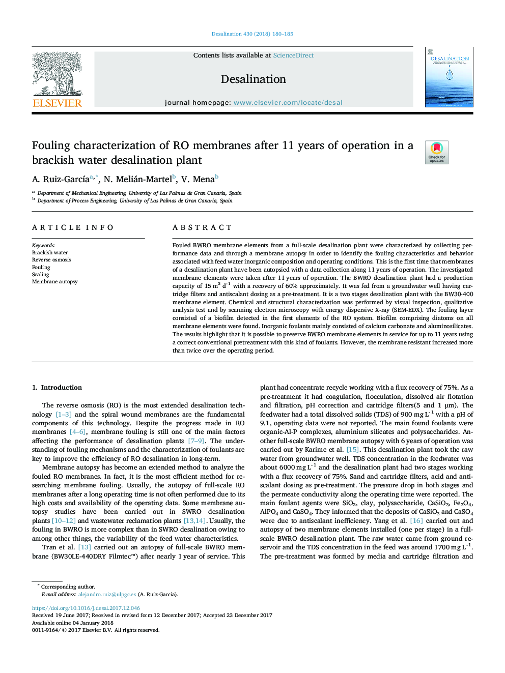 Fouling characterization of RO membranes after 11Â years of operation in a brackish water desalination plant