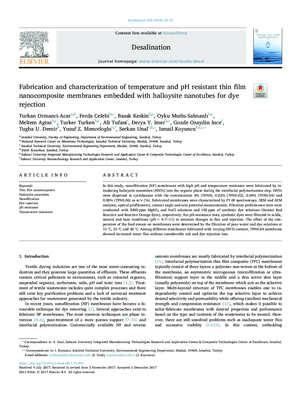 Fabrication and characterization of temperature and pH resistant thin film nanocomposite membranes embedded with halloysite nanotubes for dye rejection