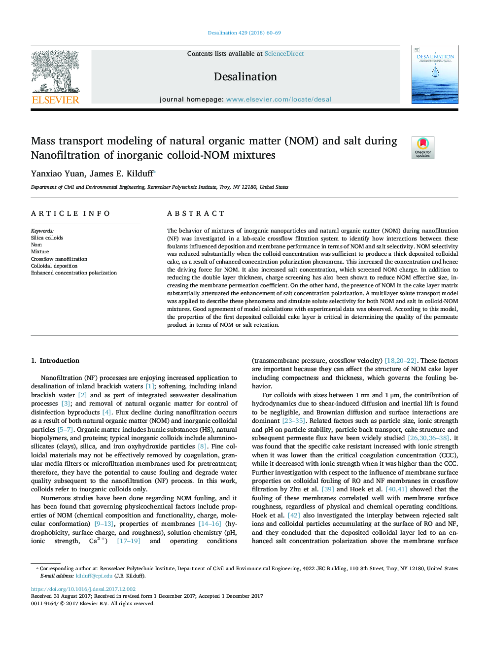 Mass transport modeling of natural organic matter (NOM) and salt during Nanofiltration of inorganic colloid-NOM mixtures