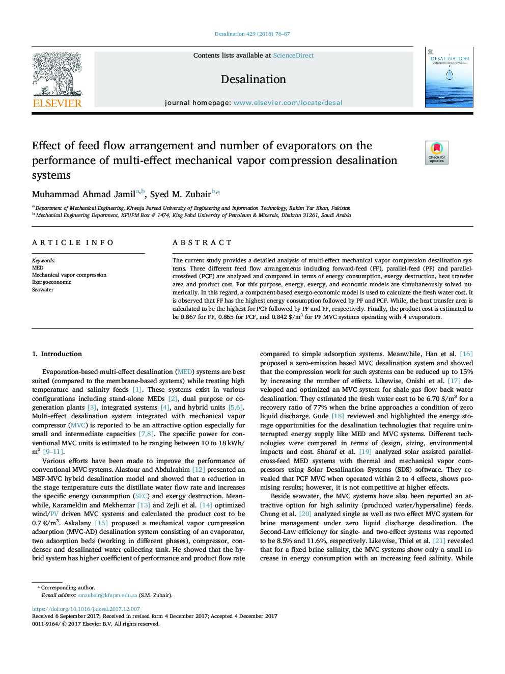 Effect of feed flow arrangement and number of evaporators on the performance of multi-effect mechanical vapor compression desalination systems