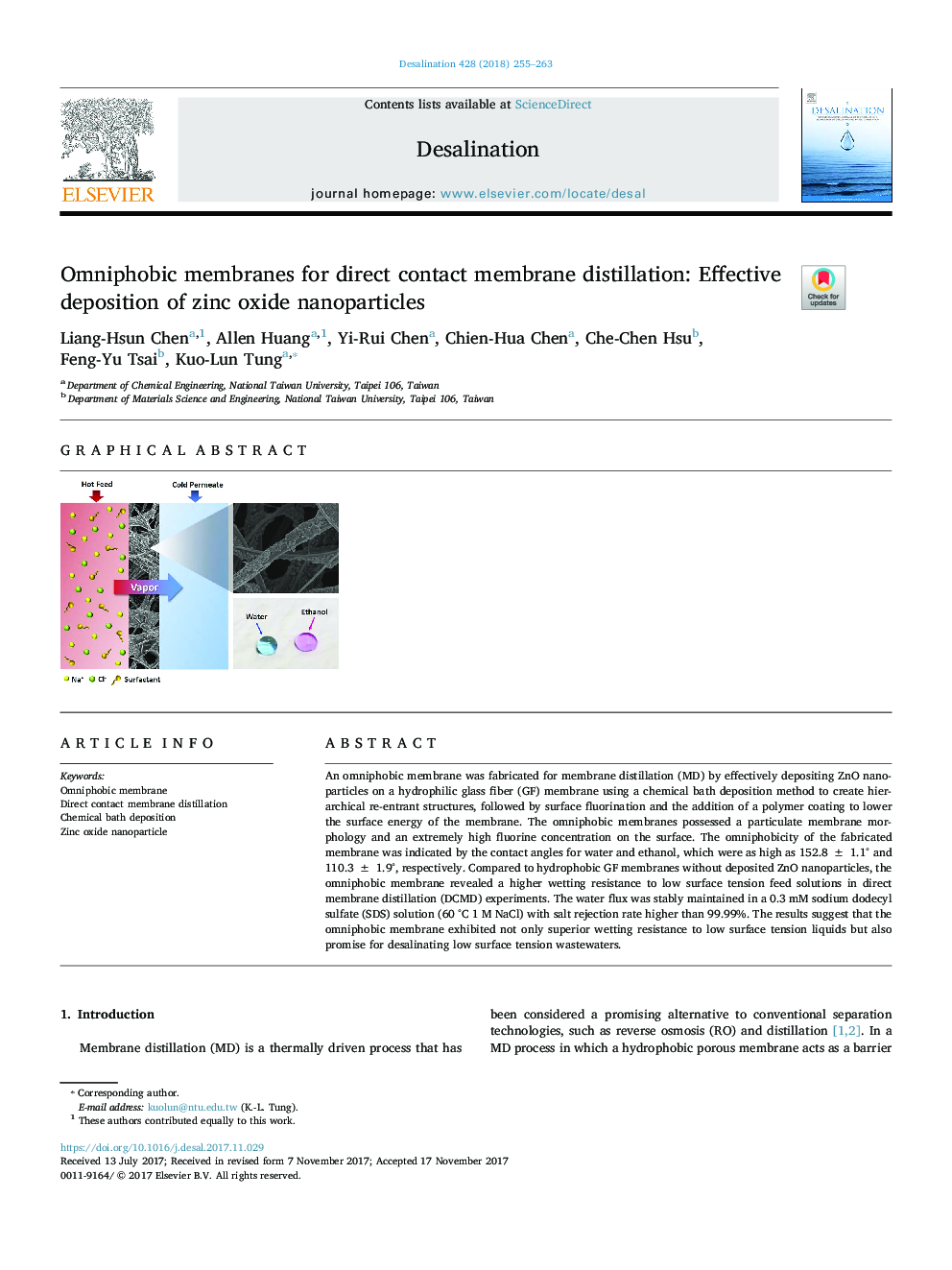 Omniphobic membranes for direct contact membrane distillation: Effective deposition of zinc oxide nanoparticles