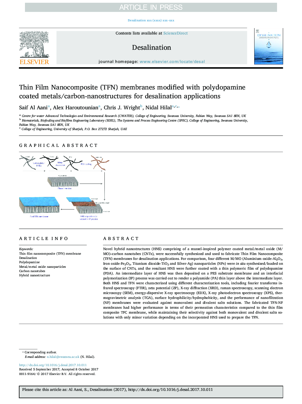 Thin Film Nanocomposite (TFN) membranes modified with polydopamine coated metals/carbon-nanostructures for desalination applications