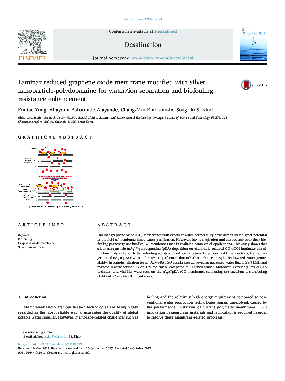 Laminar reduced graphene oxide membrane modified with silver nanoparticle-polydopamine for water/ion separation and biofouling resistance enhancement