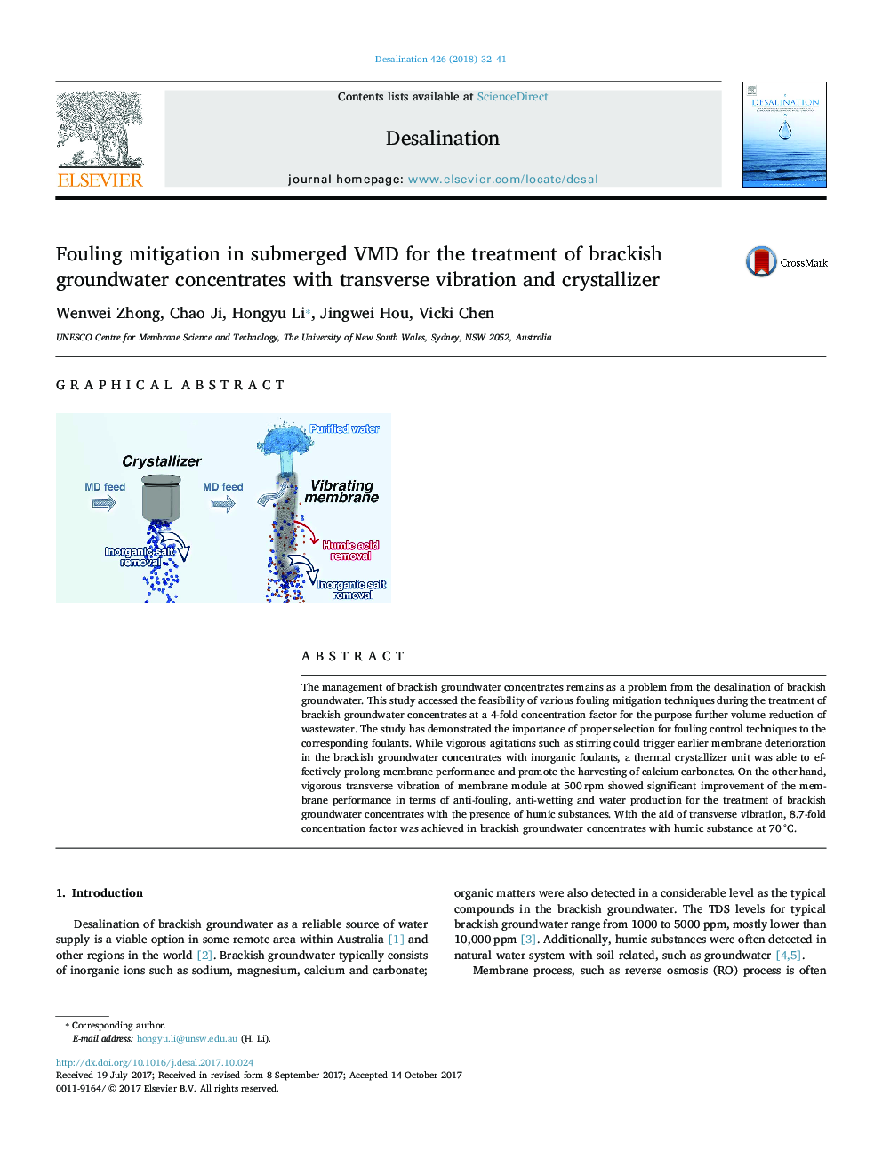 Fouling mitigation in submerged VMD for the treatment of brackish groundwater concentrates with transverse vibration and crystallizer