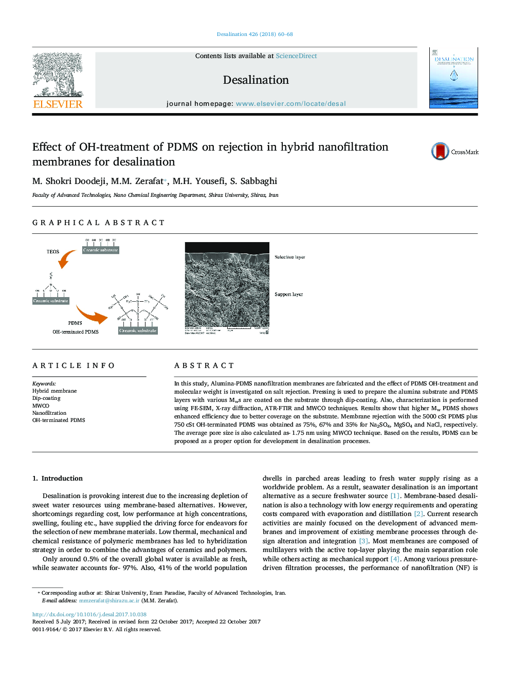 Effect of OH-treatment of PDMS on rejection in hybrid nanofiltration membranes for desalination