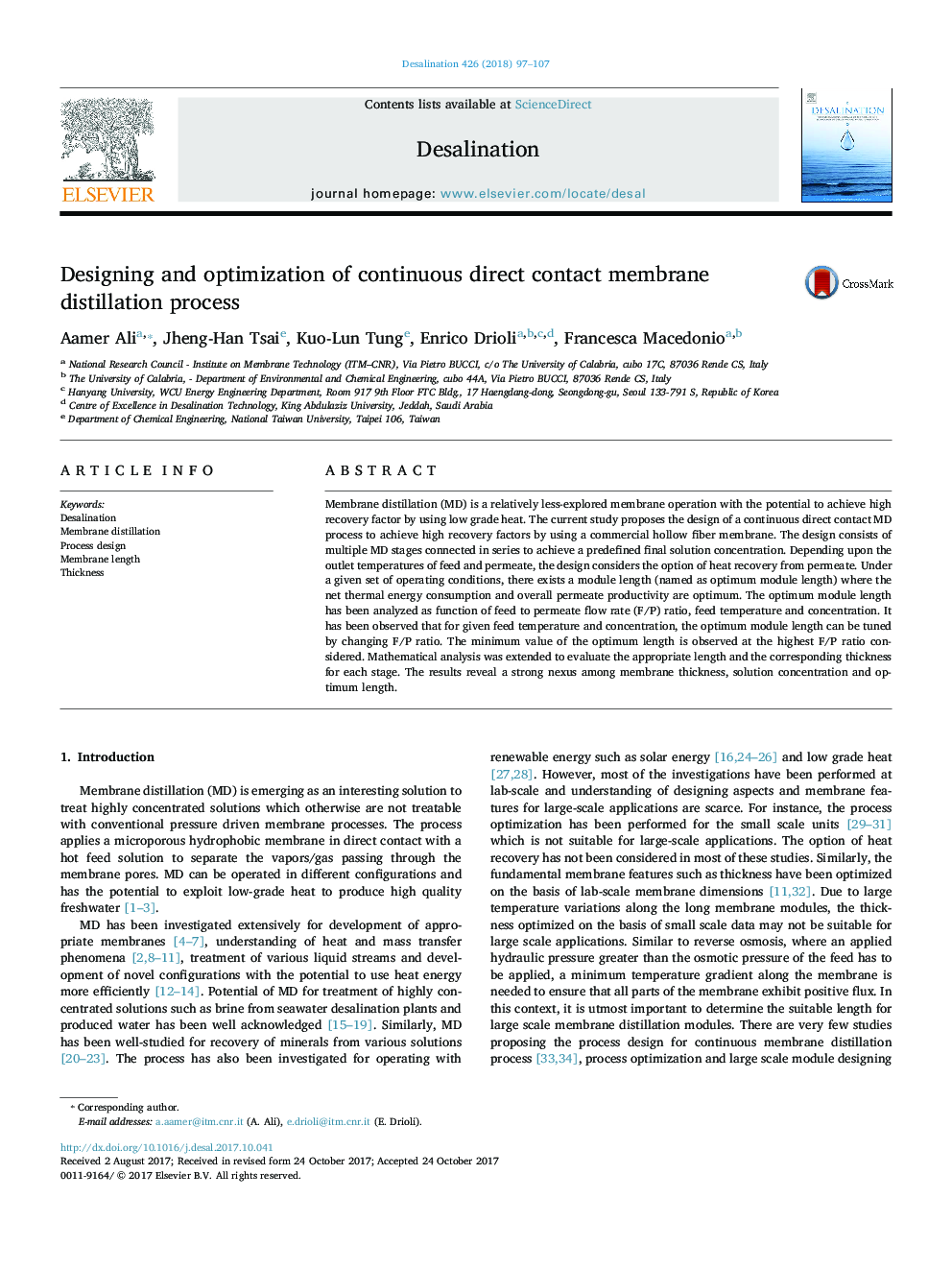 Designing and optimization of continuous direct contact membrane distillation process