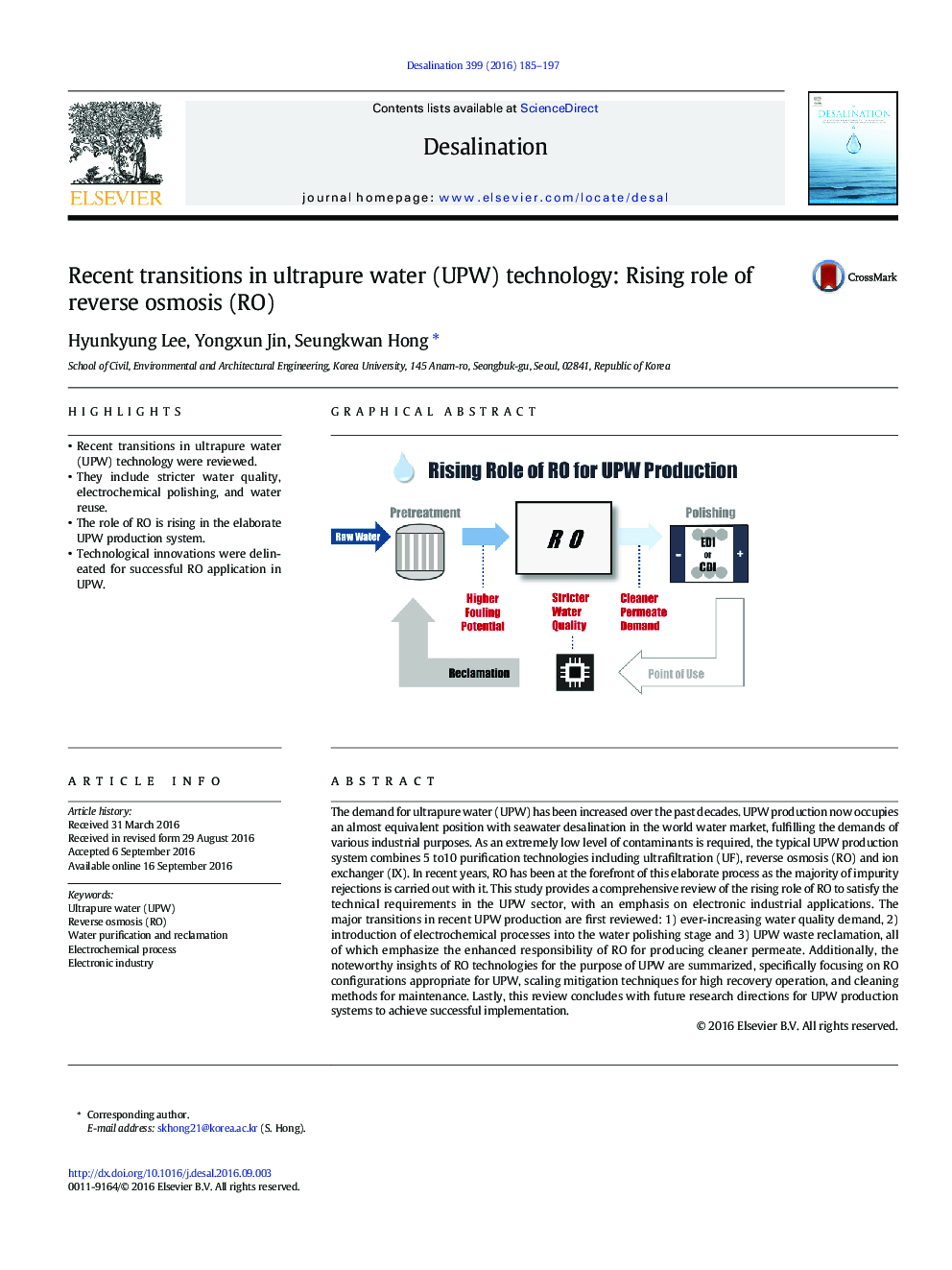Recent transitions in ultrapure water (UPW) technology: Rising role of reverse osmosis (RO)