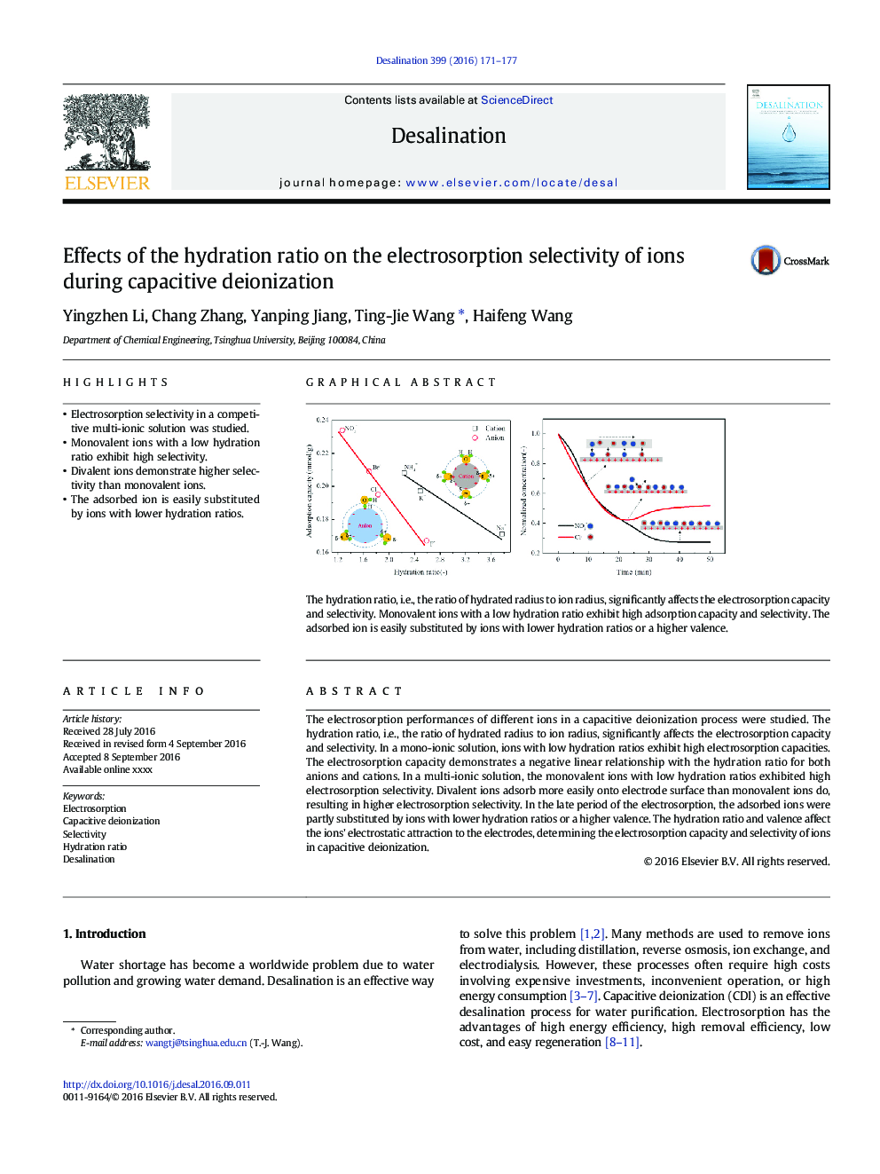 Effects of the hydration ratio on the electrosorption selectivity of ions during capacitive deionization