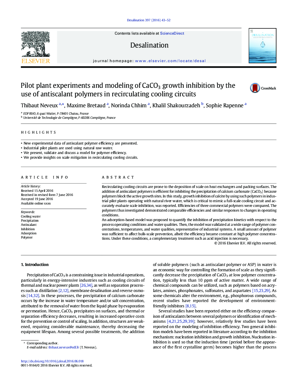 Pilot plant experiments and modeling of CaCO3 growth inhibition by the use of antiscalant polymers in recirculating cooling circuits