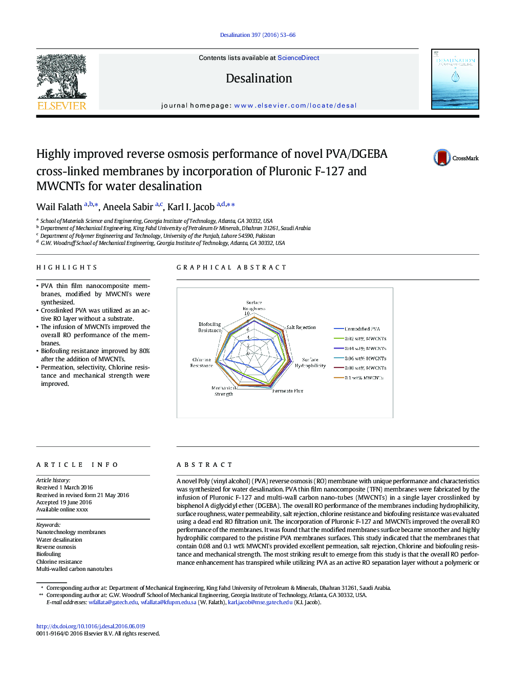 Highly improved reverse osmosis performance of novel PVA/DGEBA cross-linked membranes by incorporation of Pluronic F-127 and MWCNTs for water desalination