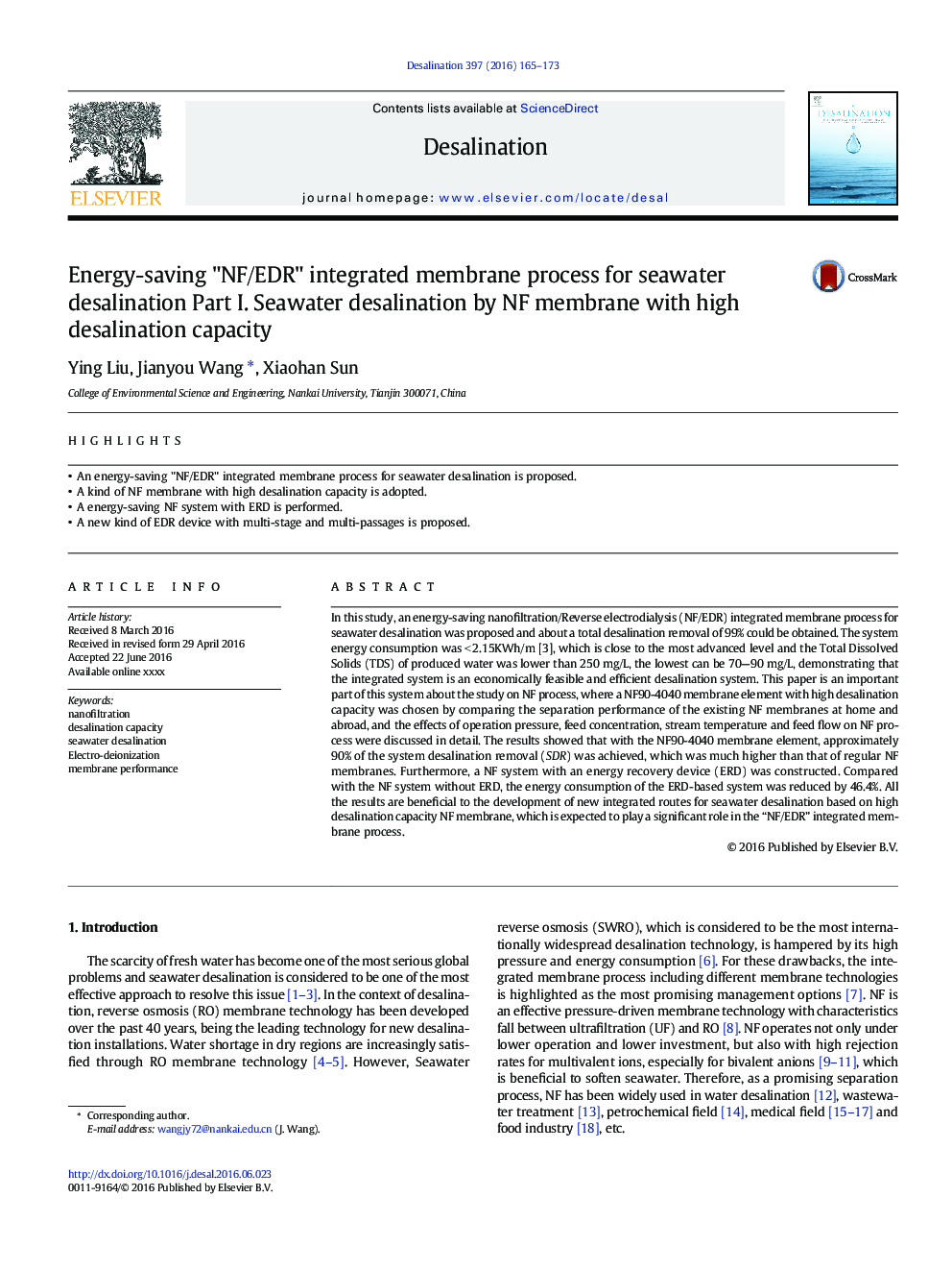 Energy-saving "NF/EDR" integrated membrane process for seawater desalination Part I. Seawater desalination by NF membrane with high desalination capacity