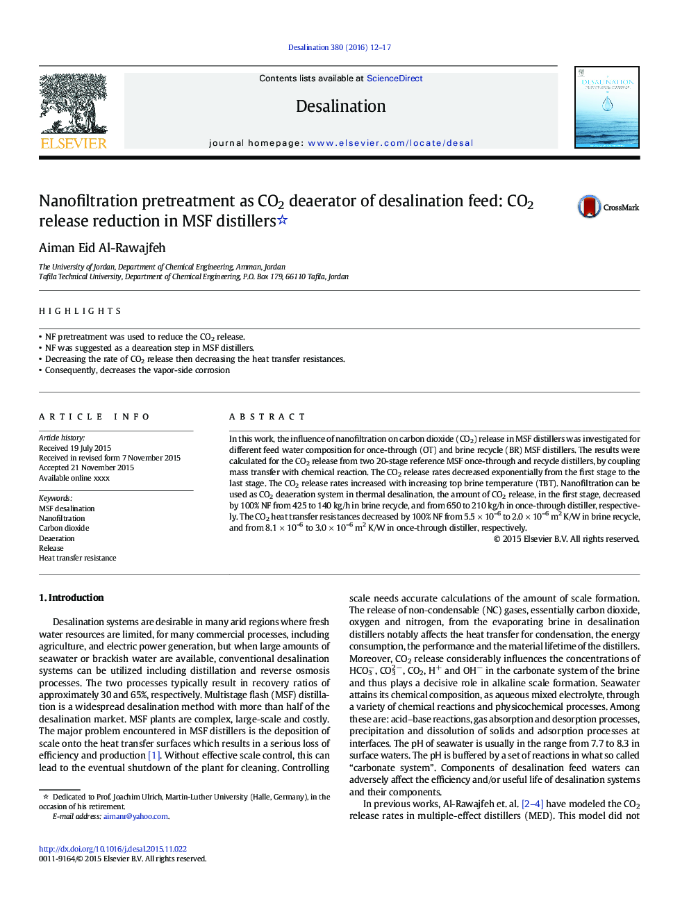 Nanofiltration pretreatment as CO2 deaerator of desalination feed: CO2 release reduction in MSF distillers