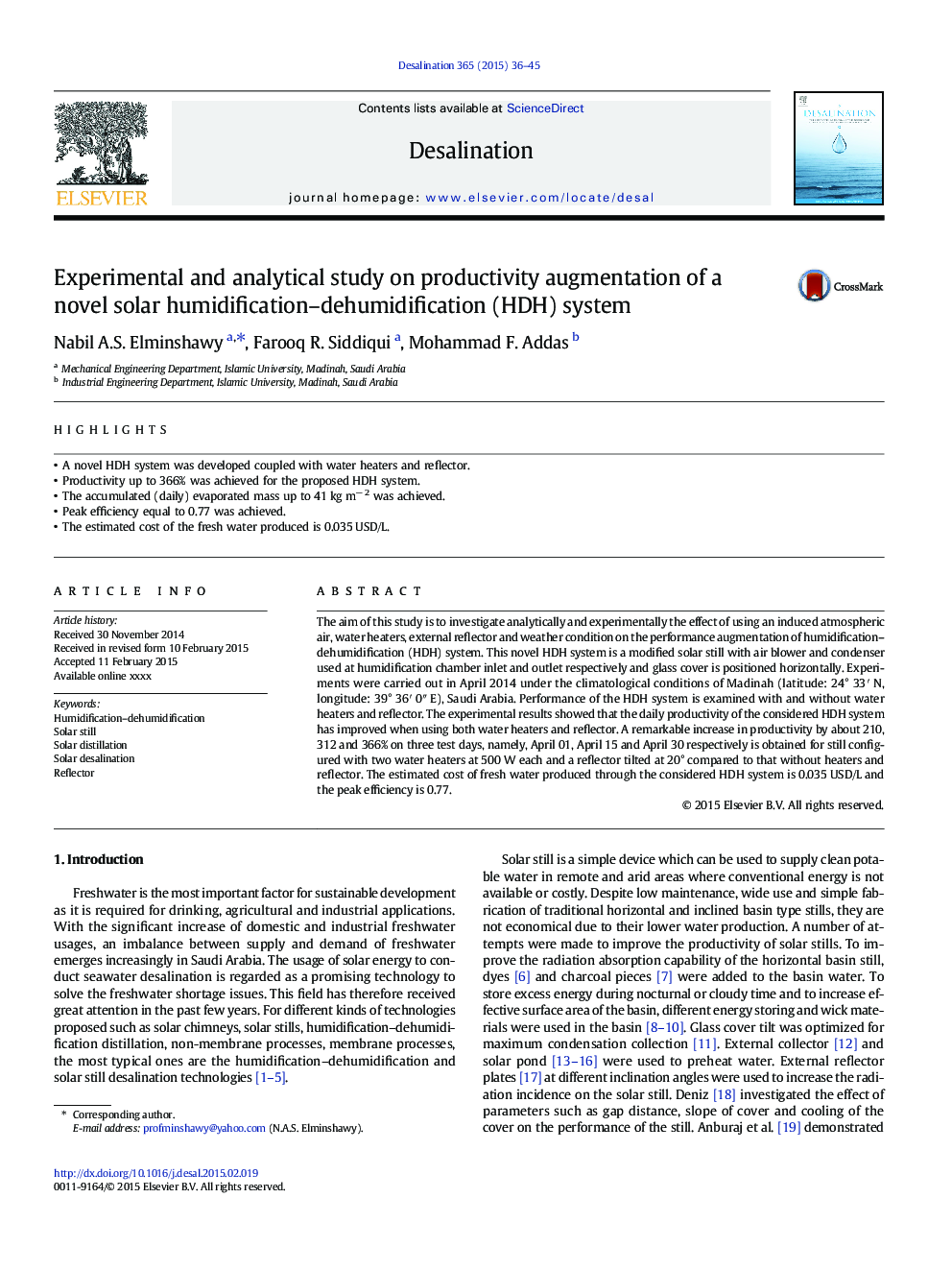 Experimental and analytical study on productivity augmentation of a novel solar humidification-dehumidification (HDH) system