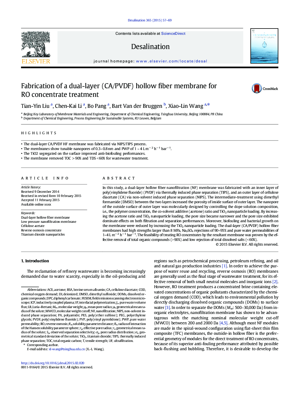 Fabrication of a dual-layer (CA/PVDF) hollow fiber membrane for RO concentrate treatment