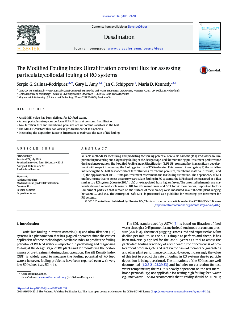 The Modified Fouling Index Ultrafiltration constant flux for assessing particulate/colloidal fouling of RO systems