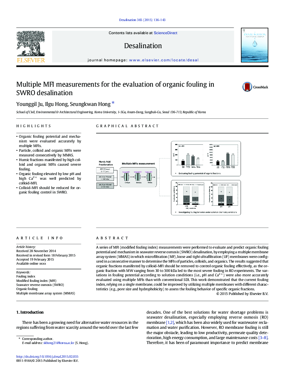 Multiple MFI measurements for the evaluation of organic fouling in SWRO desalination