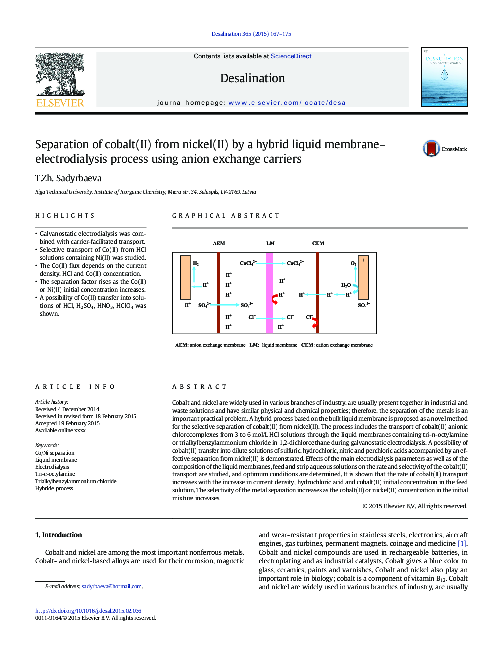 Separation of cobalt(II) from nickel(II) by a hybrid liquid membrane-electrodialysis process using anion exchange carriers