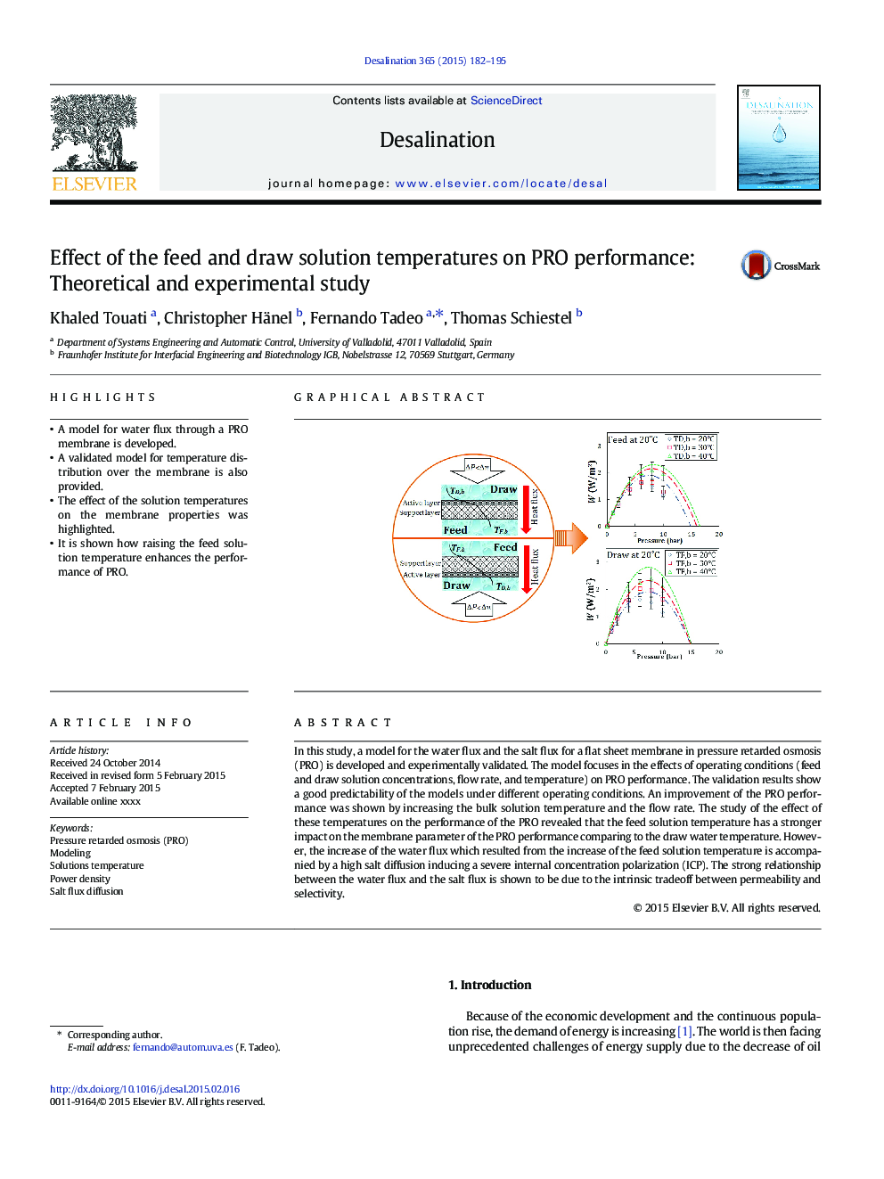 Effect of the feed and draw solution temperatures on PRO performance: Theoretical and experimental study