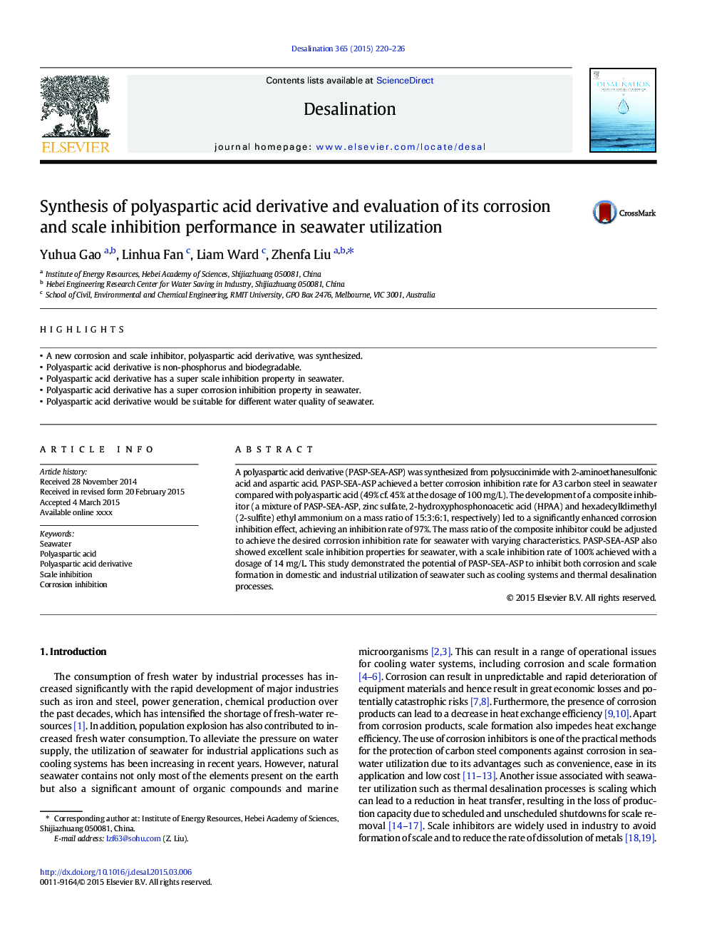 Synthesis of polyaspartic acid derivative and evaluation of its corrosion and scale inhibition performance in seawater utilization