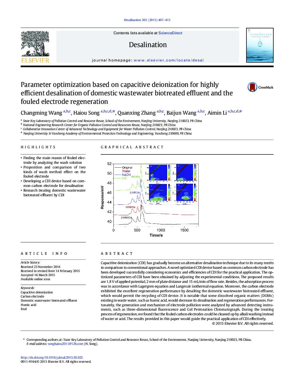 Parameter optimization based on capacitive deionization for highly efficient desalination of domestic wastewater biotreated effluent and the fouled electrode regeneration