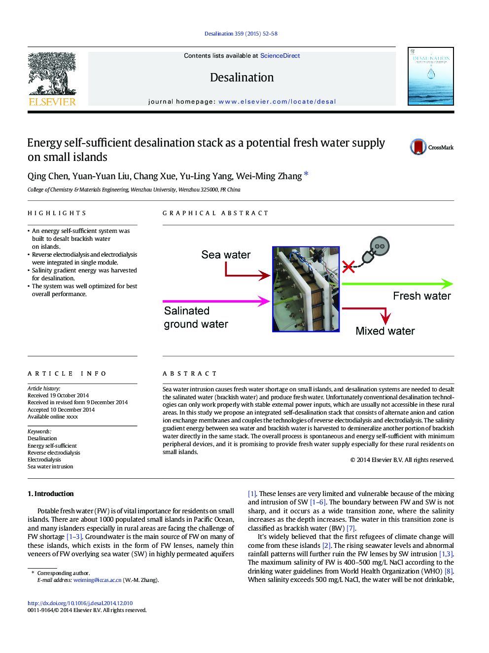 Energy self-sufficient desalination stack as a potential fresh water supply on small islands