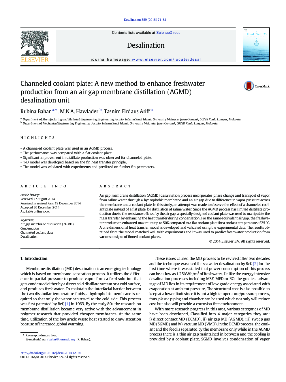 Channeled coolant plate: A new method to enhance freshwater production from an air gap membrane distillation (AGMD) desalination unit