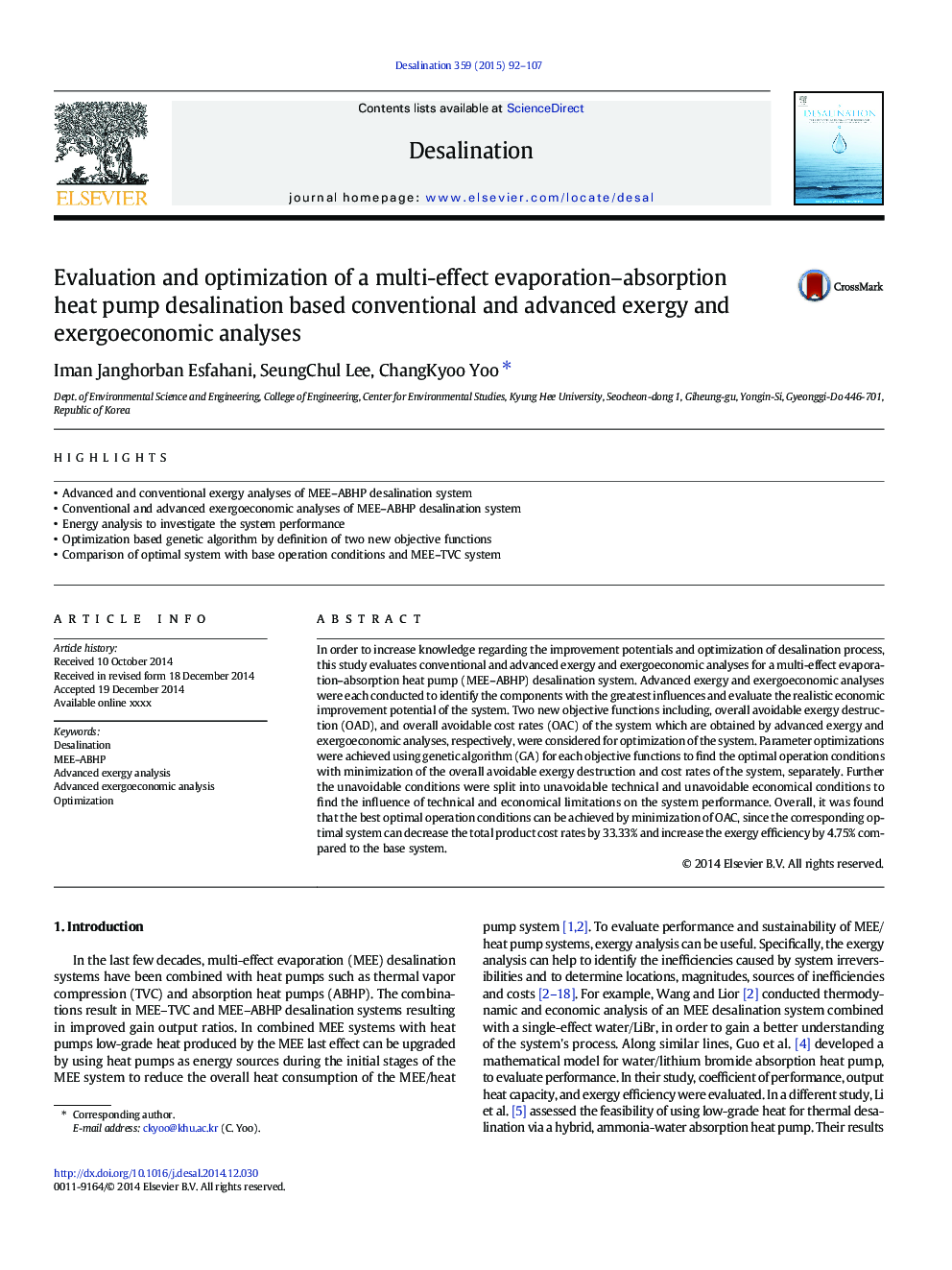 Evaluation and optimization of a multi-effect evaporation-absorption heat pump desalination based conventional and advanced exergy and exergoeconomic analyses