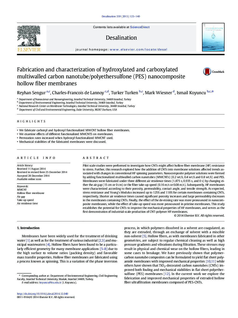 Fabrication and characterization of hydroxylated and carboxylated multiwalled carbon nanotube/polyethersulfone (PES) nanocomposite hollow fiber membranes