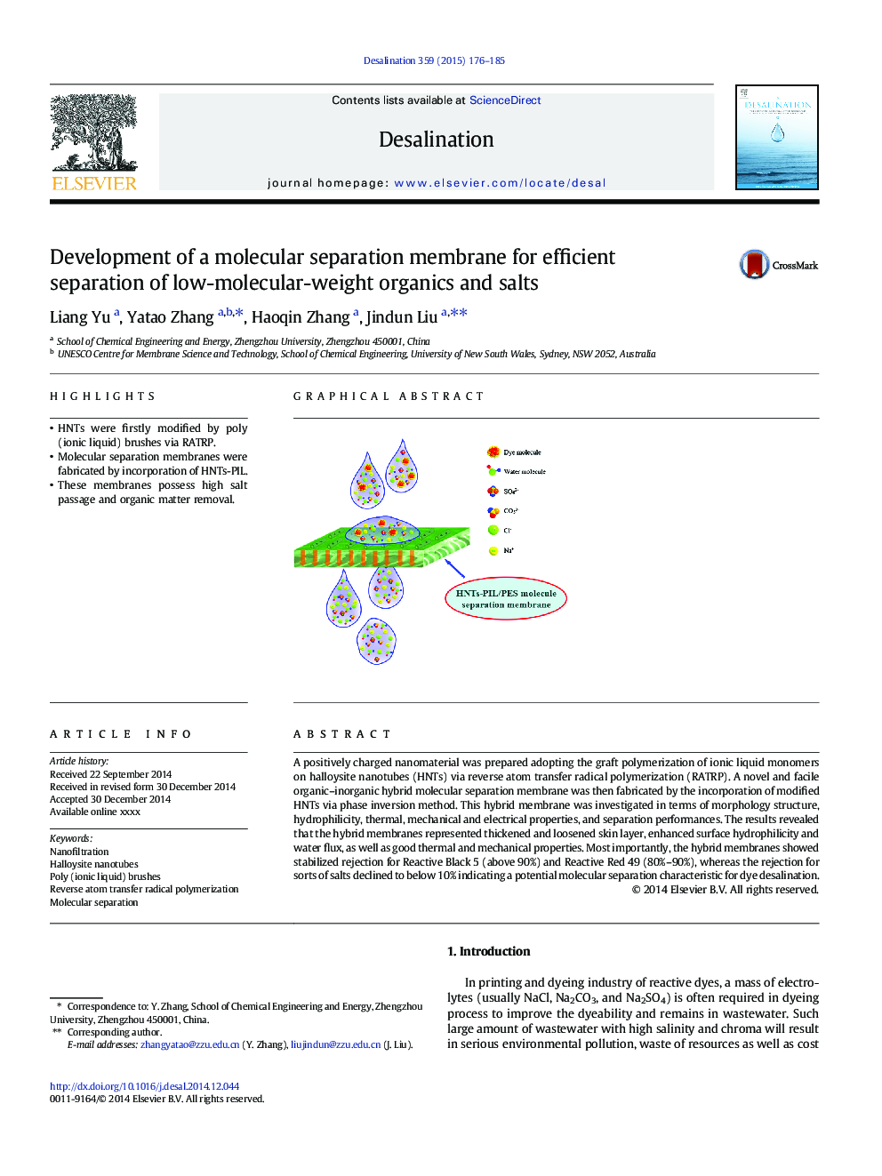 Development of a molecular separation membrane for efficient separation of low-molecular-weight organics and salts