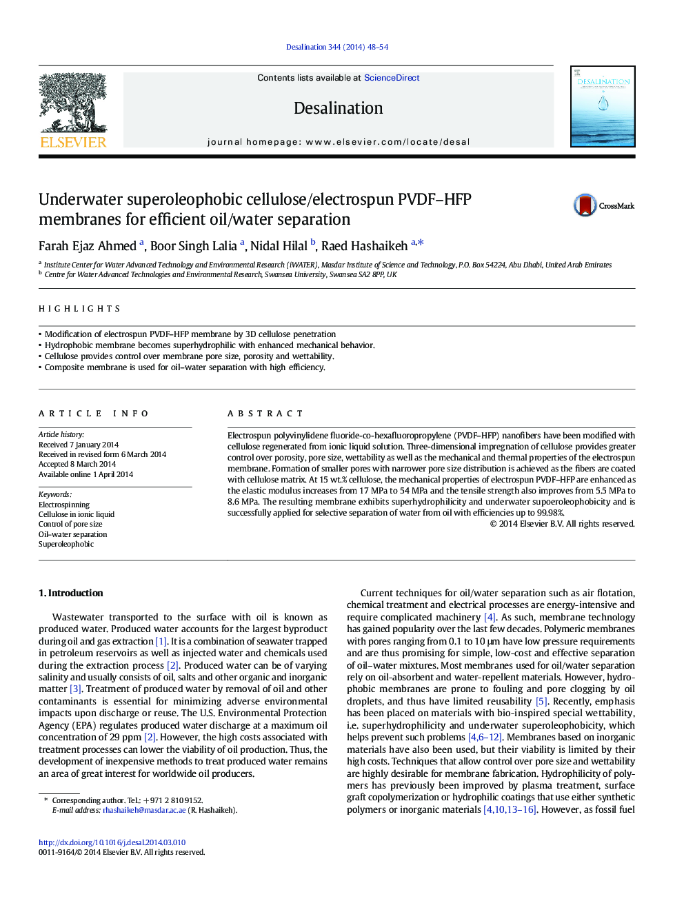 Underwater superoleophobic cellulose/electrospun PVDF-HFP membranes for efficient oil/water separation