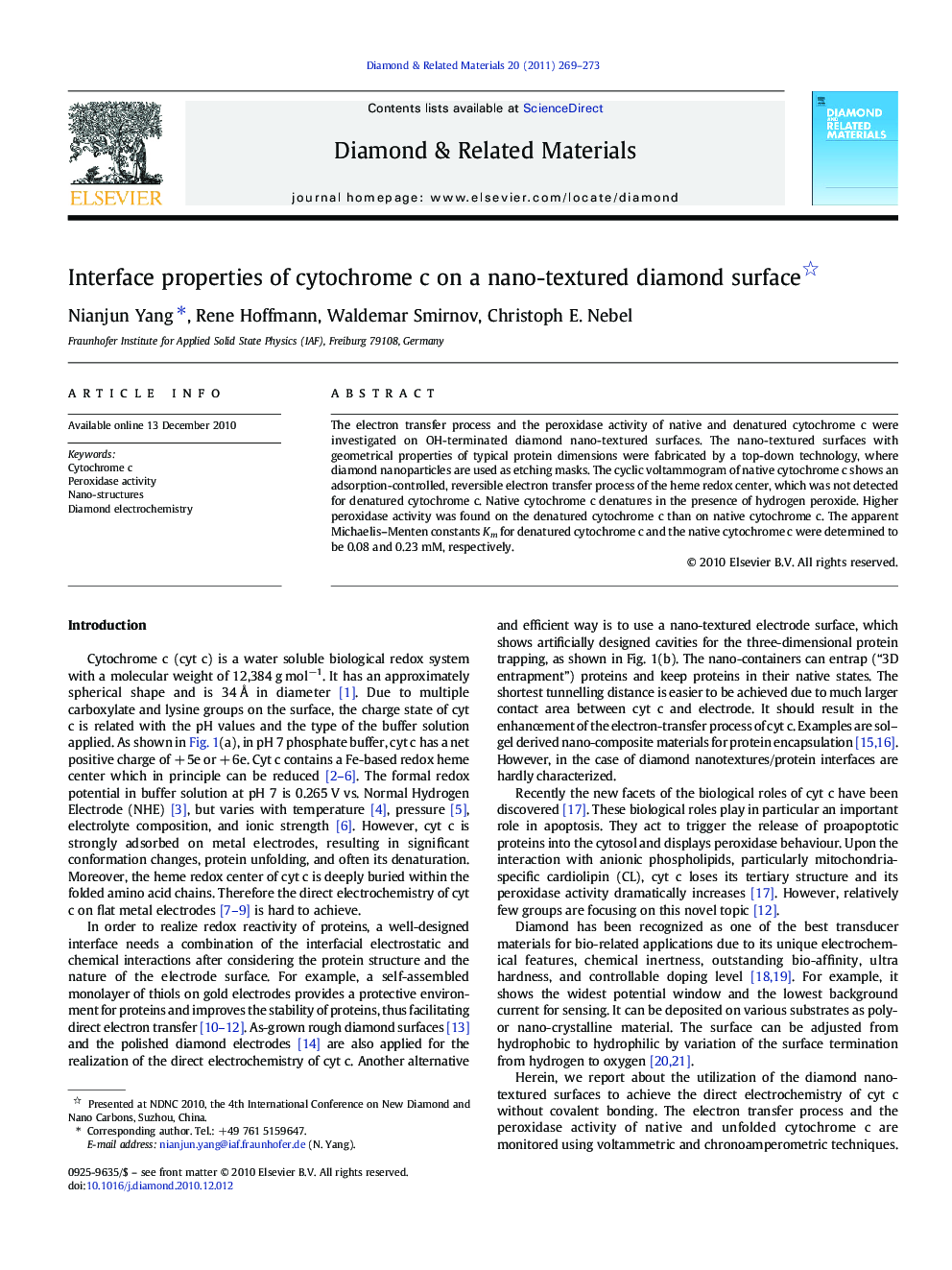 Interface properties of cytochrome c on a nano-textured diamond surface 