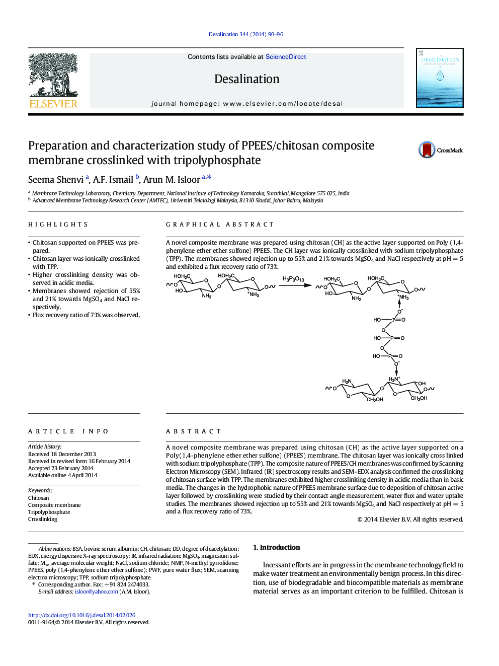 Preparation and characterization study of PPEES/chitosan composite membrane crosslinked with tripolyphosphate