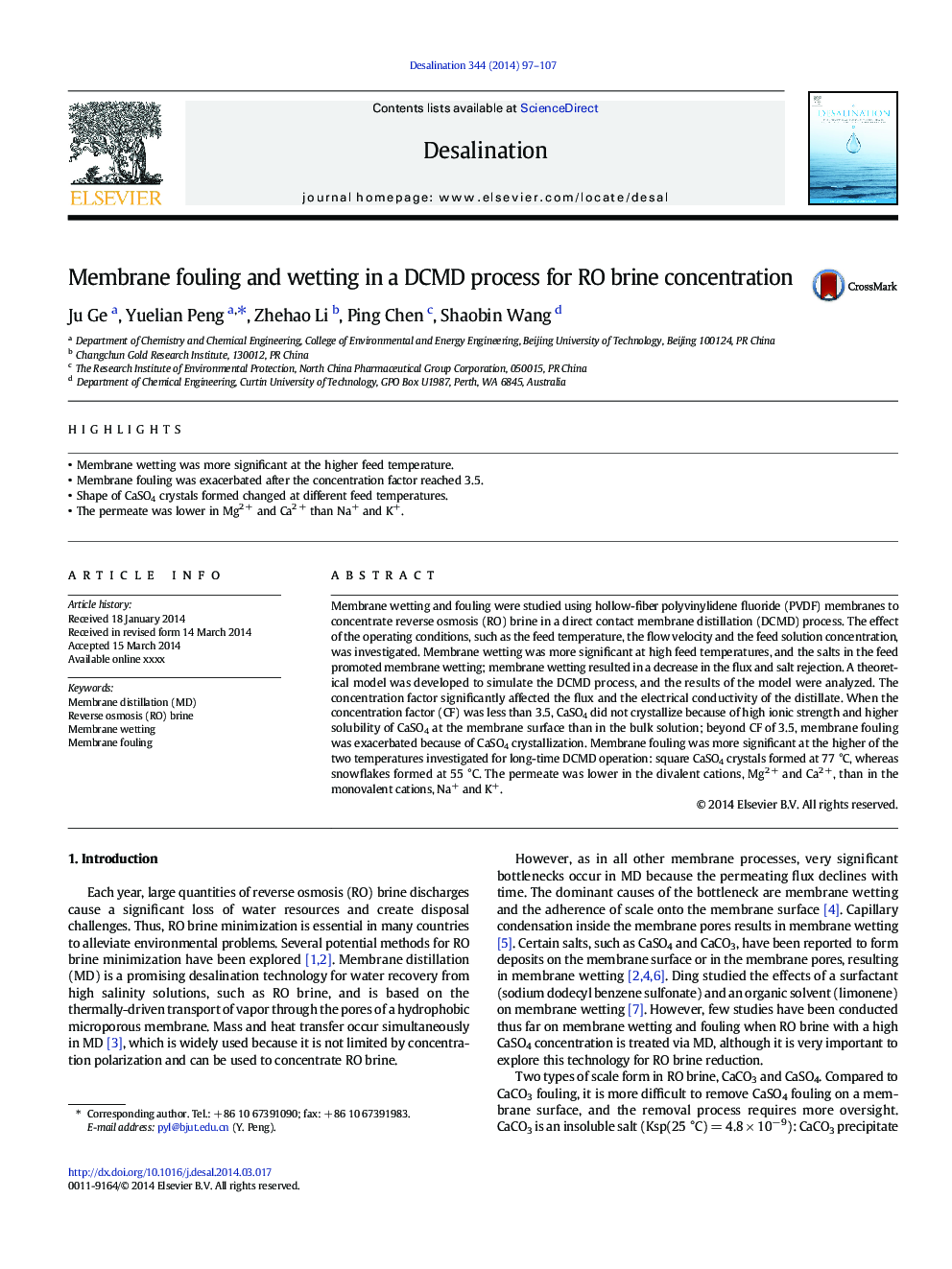 Membrane fouling and wetting in a DCMD process for RO brine concentration