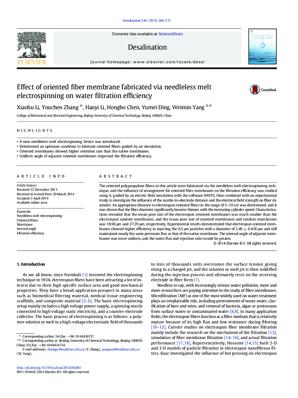 Effect of oriented fiber membrane fabricated via needleless melt electrospinning on water filtration efficiency