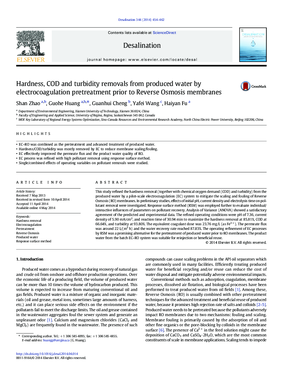 Hardness, COD and turbidity removals from produced water by electrocoagulation pretreatment prior to Reverse Osmosis membranes