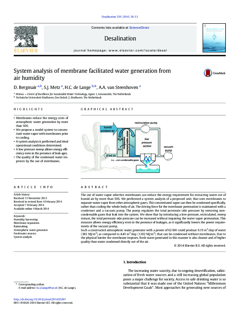 System analysis of membrane facilitated water generation from air humidity