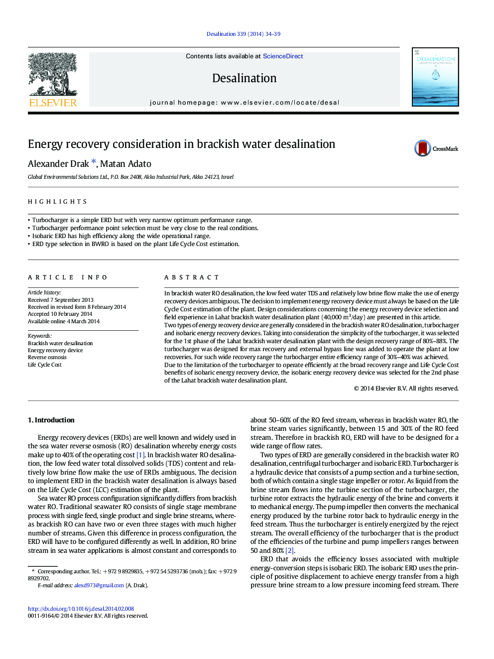 Energy recovery consideration in brackish water desalination