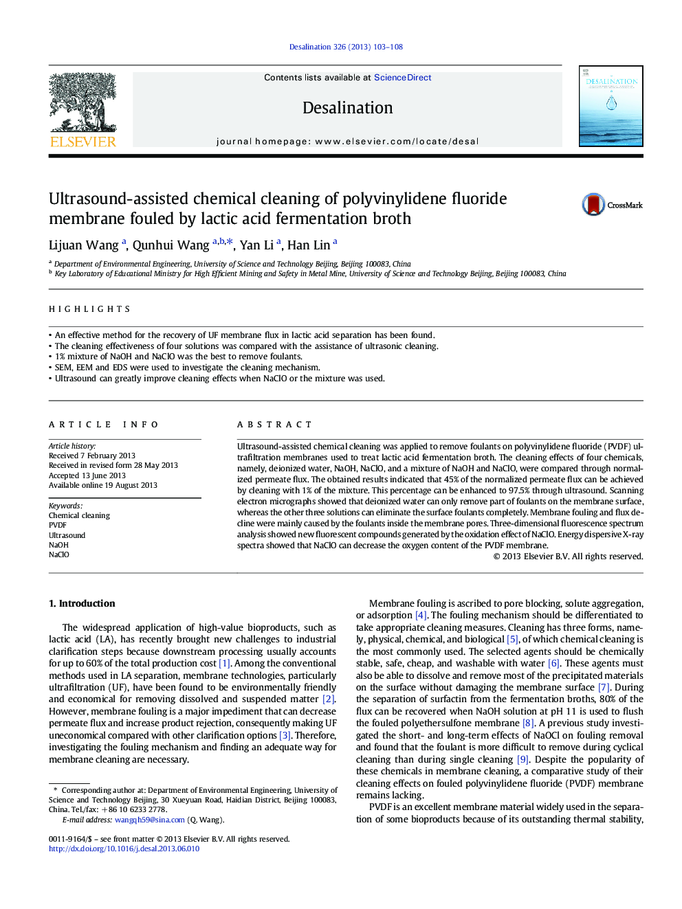 Ultrasound-assisted chemical cleaning of polyvinylidene fluoride membrane fouled by lactic acid fermentation broth