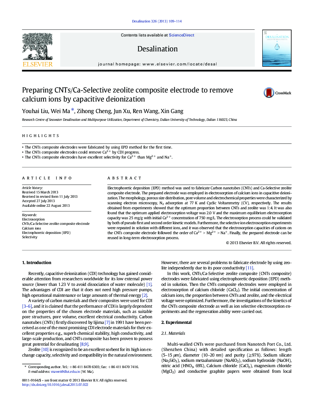 Preparing CNTs/Ca-Selective zeolite composite electrode to remove calcium ions by capacitive deionization